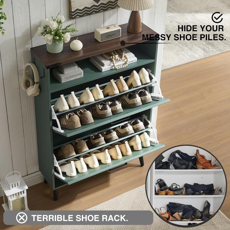 PieDle Furniture Shoe Storage Cabinet,Farmhouse Shoe Organizer with 2-4 Flip Drawers & Barn Door Design,Freestanding Hidden Slim Narrow Shoe Rack Cabinet with Open Storage for Entryway, Foyer,Hallway