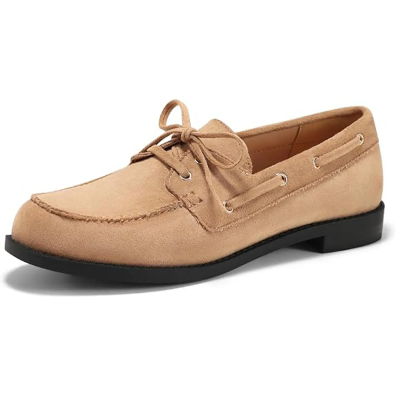 Coutgo Women's Faux Suede Faux Leather Plain Loafers - Slip-On Lace-Up Closed-Toe Boat Moccasins, Low Block Heel, Non-Slip, Comfortable Female Shoes for Work & Office, Casual Wear