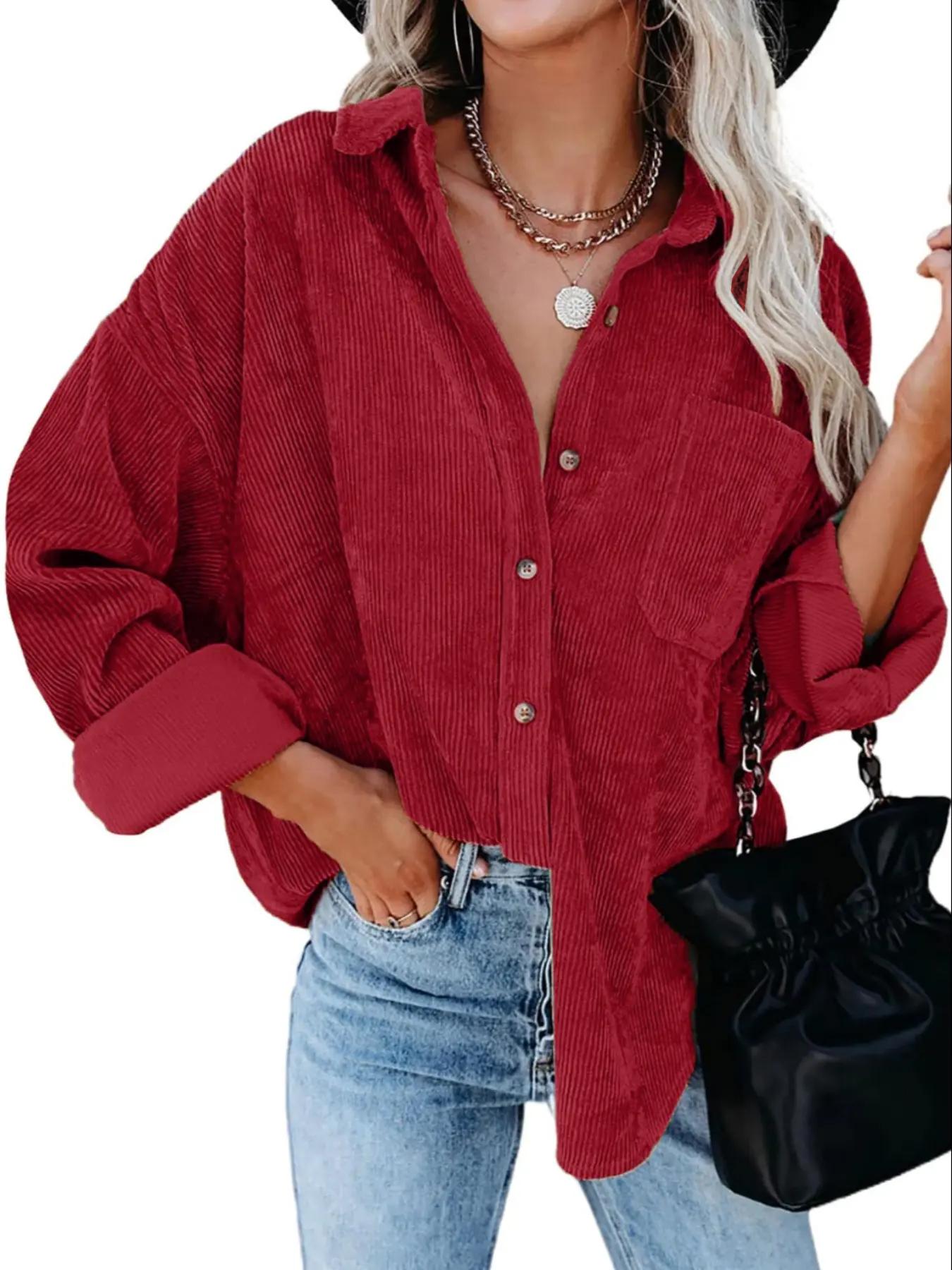 Women's Corduroy Button Shirt With Pocket, Long Sleeve Loose Drop Shoulder Style For Spring & Fall