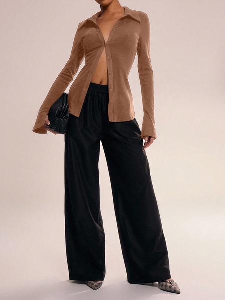 Women's Casual Long Sleeve Shirt Collar Button Design, Fitted Plain Top for All Seasons, Moderate Fabric Women's Clothing, Womenswear