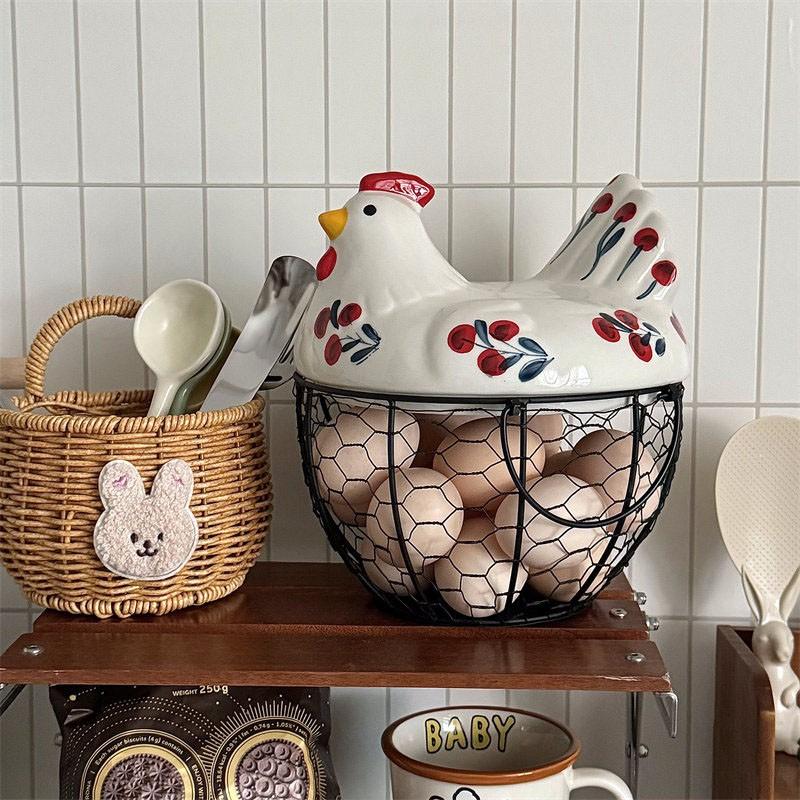 Farmhouse Style Chicken Ceramic Egg Basket with Metal Wire and Lid, Decorative Multi-Functional Kitchen Storage Box, Dustproof Seal Design