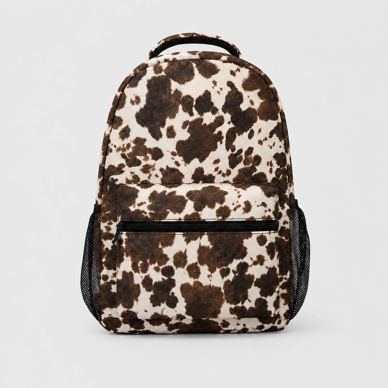 Polyester Brown & Cream Cow Print Backpack with Organic Spots - Western Animal Pattern Daypack, Front Zipper Pocket, Dual Mesh Pockets, Top Handle, Adjustable Shoulder Straps for School/Work, Gym Use, Backpack Bags, Printed Backpack