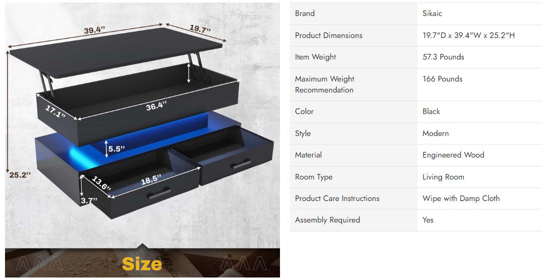 Sikaic 40 Inches Lift Top Coffee Table With 2 Fabric Drawers And LED Light