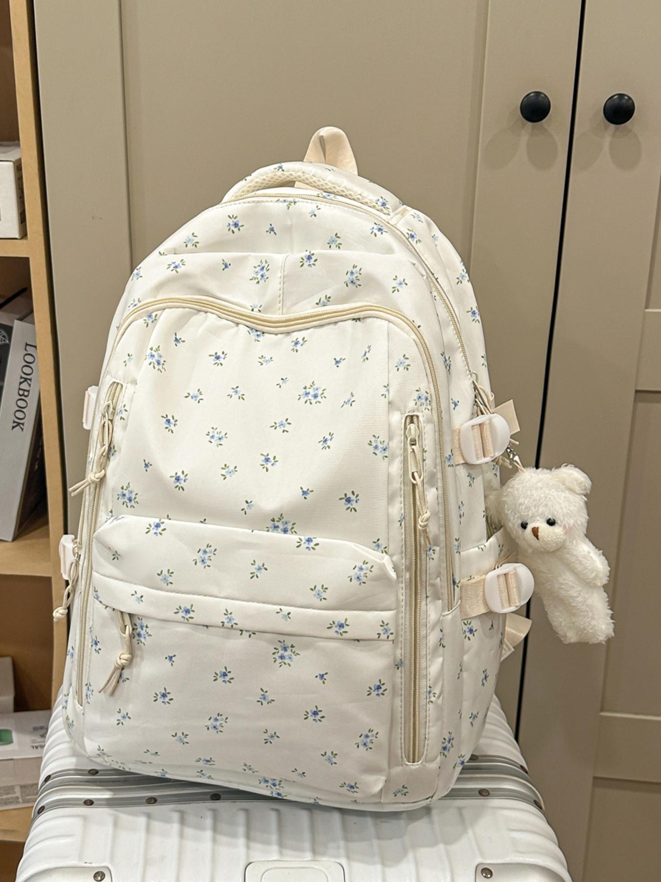 1pc  Women's casual printed backpack with large capacity, zipper closure, and free pendant. Fashionable, versatile, cute, and trendy. Suitable for students going to school, campus, commuting, and traveling. Women's backpack