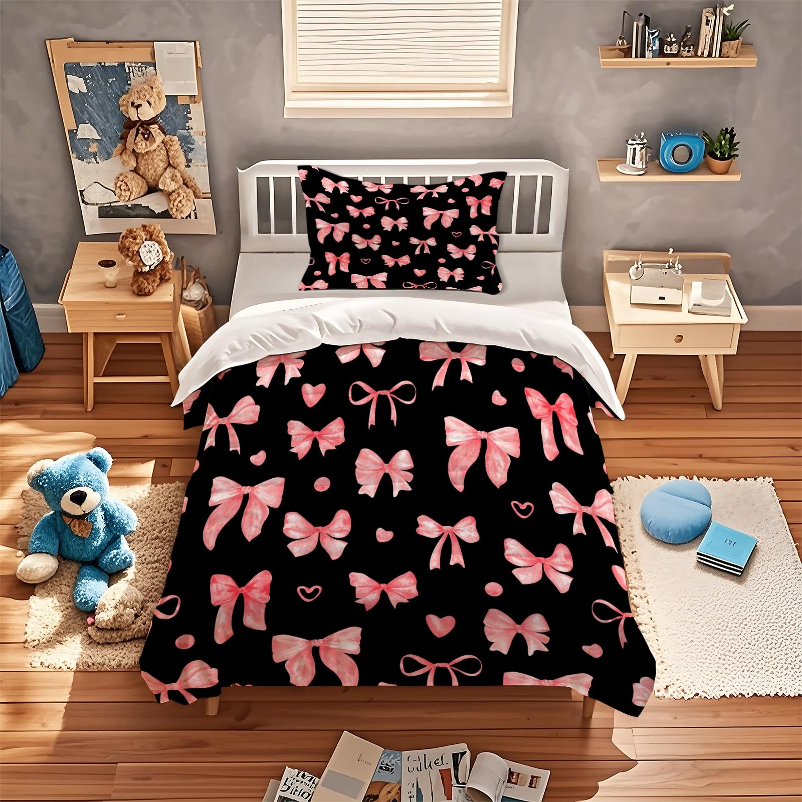 2/3 Pcs Coquette Pink Bow Print Duvet Cover Set, Cute Y2K Aesthetic Bedding Set, Vibrant Digital Print, Soft Microfiber with Zipper Closure, Ideal for Bedroom, Dorm, Girly Room Decor All Year Round - No Filling