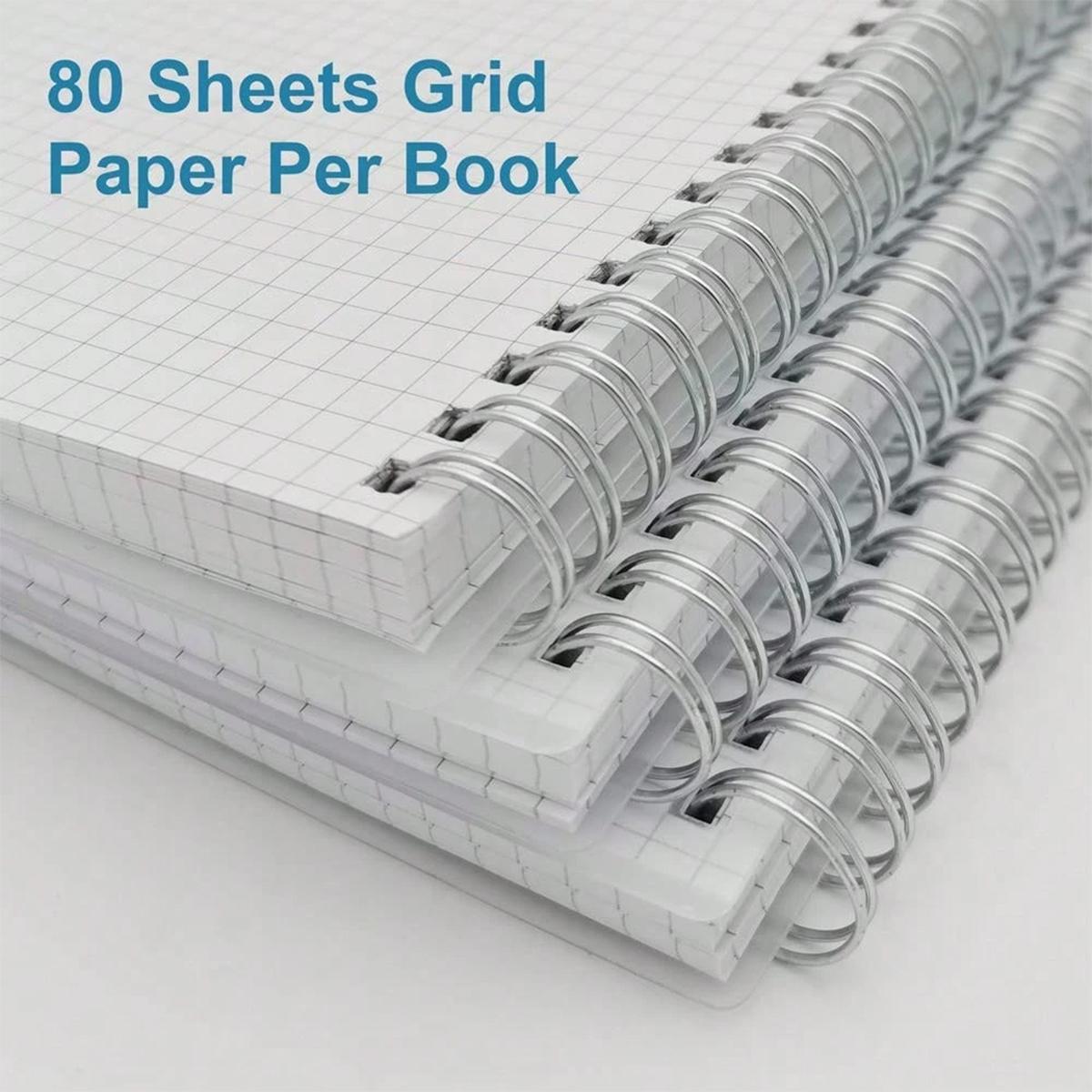 Spiral Grid Notebook, 1-Pack/4-Pack, Transparent Cover, 80 Sheets Graph Paper, Twin-Wire Binding, 180° Lay-Flat, Thick Smooth Pages for Math Notes, Planning and Journaling, Back-to-School Supplies, Spiral Notebooks for Work