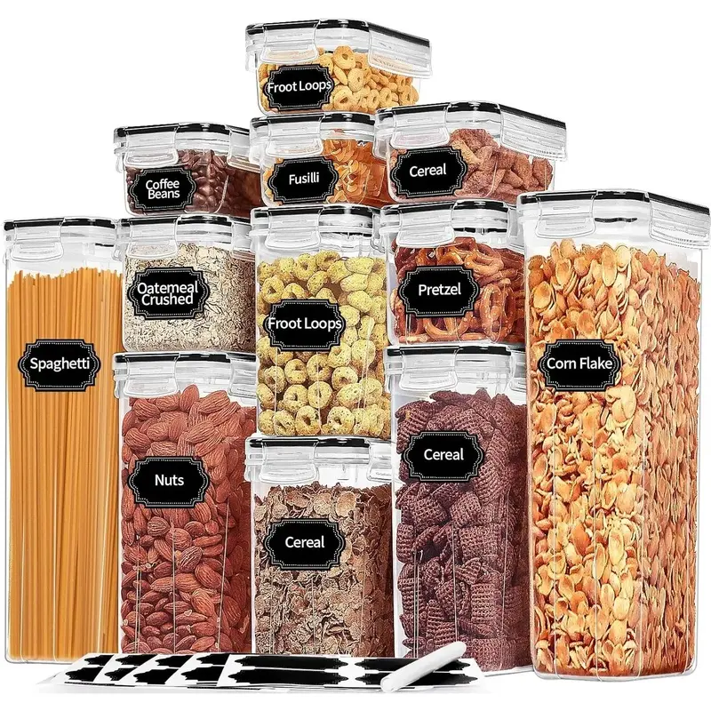 Plastic Food Storage Containers Stackable Pantry Organizer with Lids, 12-Piece Canister Set in 5 Sizes for Kitchen, Cereal, Flour, Rice, Pasta, Dry Food & Snacks