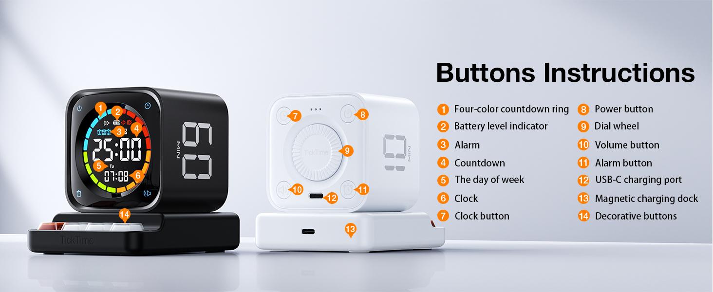 TK3 Pomodoro Timer Cube, Desk Productivity Timer with 5/10/30/60 Min Presets, Custom Countdown, Stopwatch, Clock, 3 Alarm, Silent, Vibrate & Sound Alert, for Task, ADHD, Study, Kitchen, Black