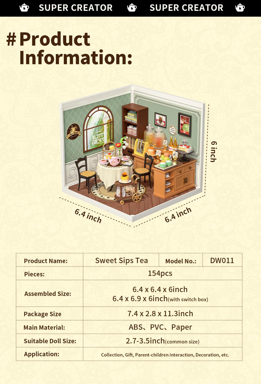 Rolife Sweet Sips Tea DIY Plastic Miniature House DW011 Miniature House Kit DIY Plastic House Building Toy Set with LED Tiny Store Making Kit Model Craft Hobby Unique Gift