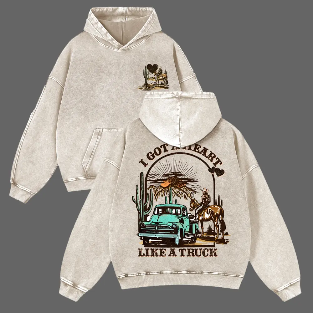 Vintage Washed Beige "HEART LIKE A TRUCK" Oversized Hoodie | Unisex Country Western Graphic Sweatshirt | Acid Wash Front Back Printed Concert Pullover