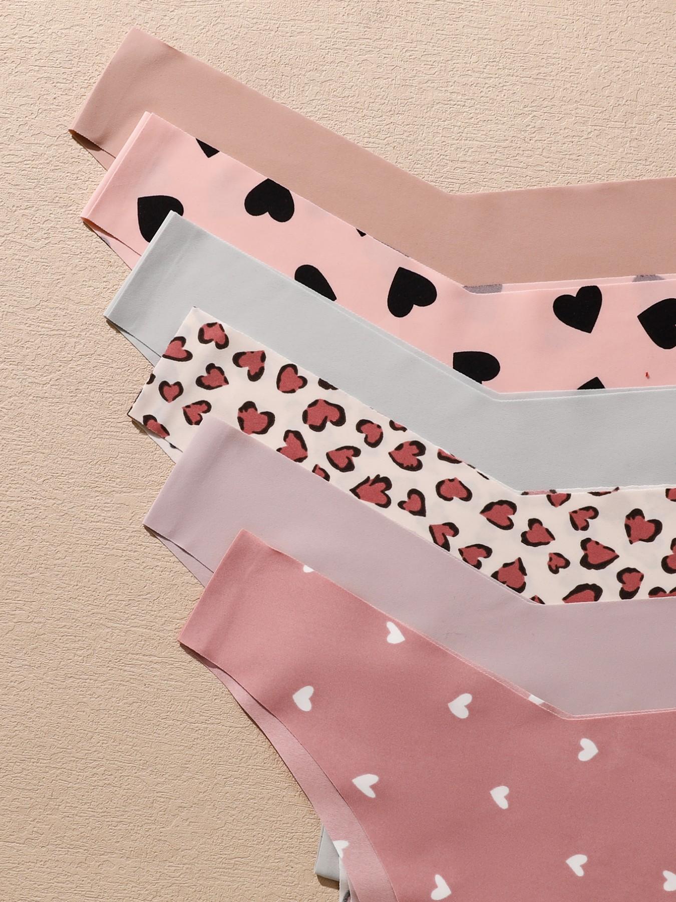 Valentine's Day Gift Set, 6-Pack Women's Seamless Panties, Heart & Leopard Print, Multi-Color Triangle Thongs, Comfortable Underwear