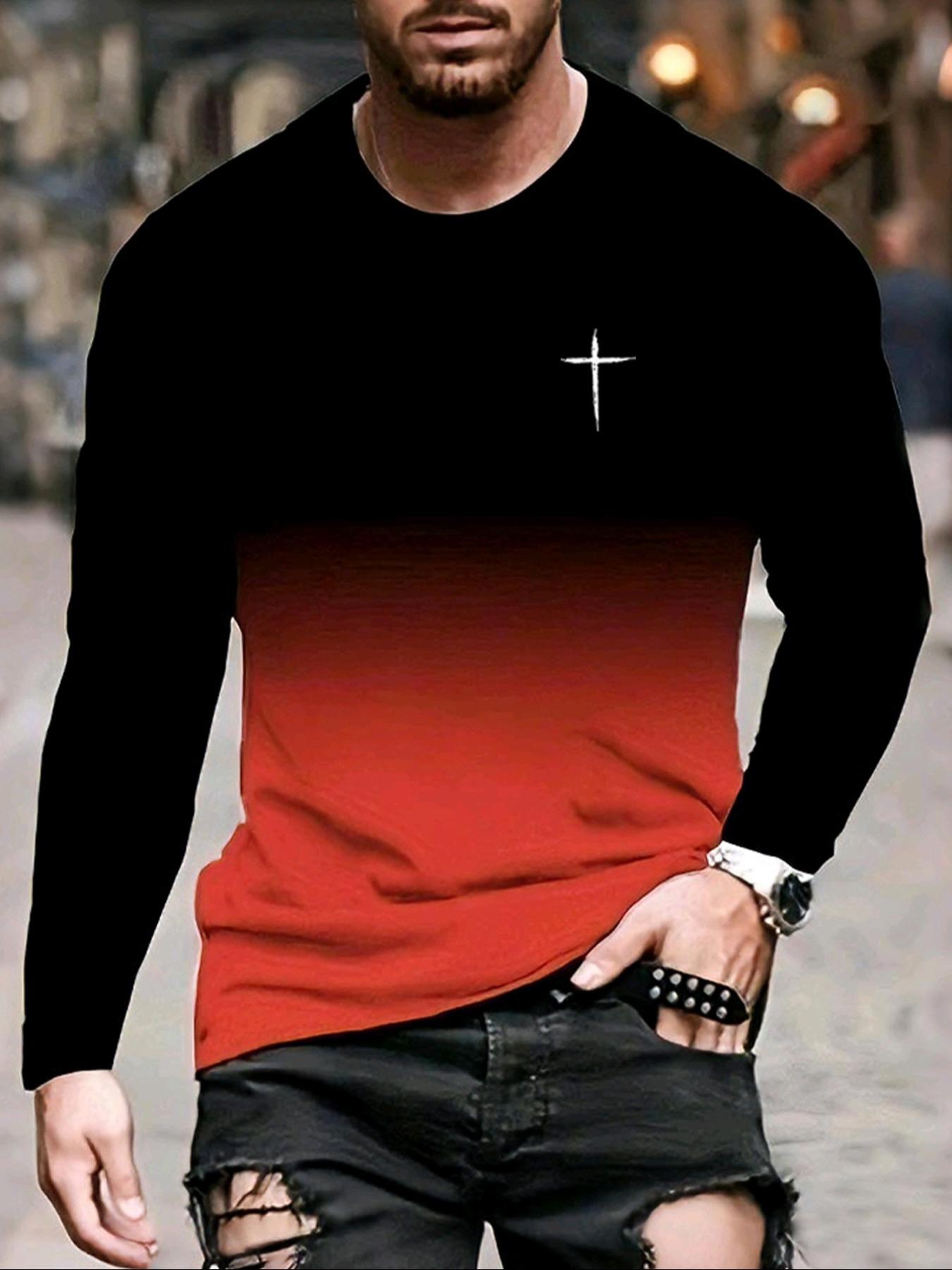 Men's cross-pattern gradient print simple long-sleeved crew neck pullover Shirt Tops, suitable for casual, stylish, comfortable, and sporty everyday wear in spring and autumn.