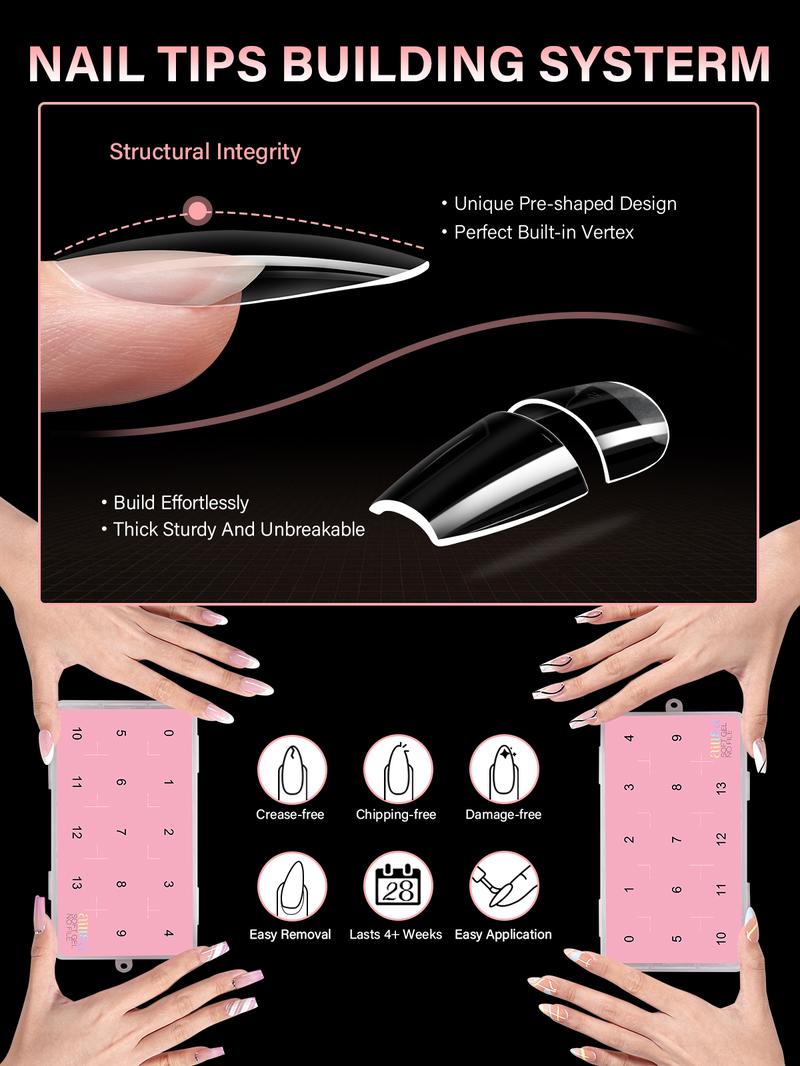 Aillsa 2.0 Upgraded Soft Gel Nail Tips - Built-in C-curve Medium Almond Full Cover Nail Extensions Ultral Thicker Acrylic Nails Tips Strong Clear 140Pcs/168Pcs/224Pcs Pre-sculpted Press-On Nails with Matte Underside False Nails for Flat Nails