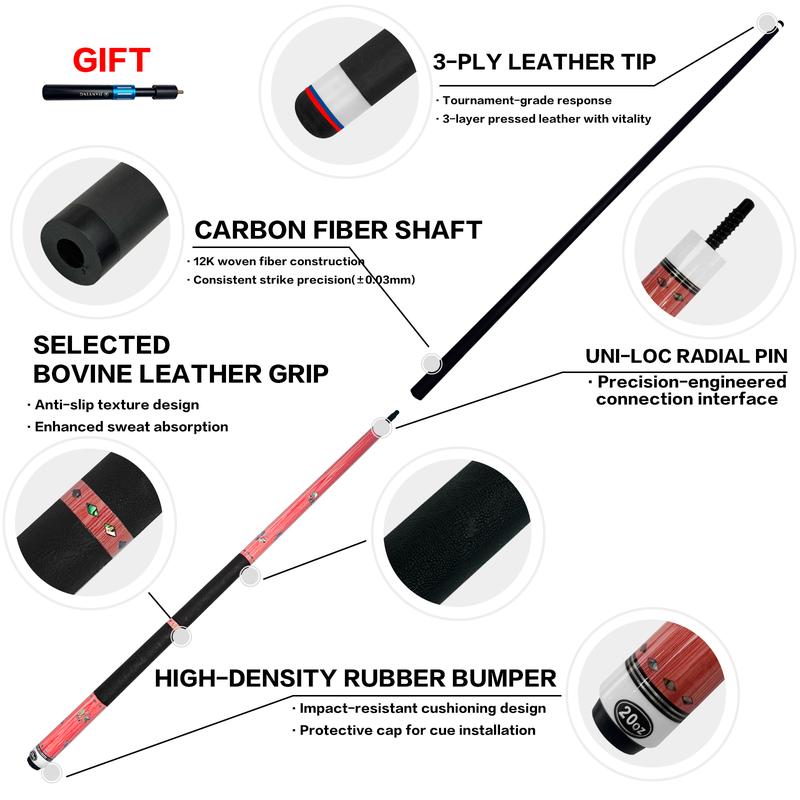 The world's first carbon fiber 1/2 billiard cue comes with a cue box and accessories. It features a 58 inch, 11.8mm cue tip and is suitable for both home and club use. Comes with cue case + leather tip + gloves + towel + chalk