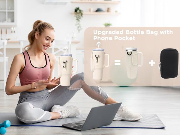 Water Bottle Carrier Bag with Phone Pocket for Stanley 40/30 oz Tumbler， Neoprene Water Bottle Holder Pouch with Adjustable Strap Bollus with Straw Cover & Carabiner New Year Gift Valentine's Day gift