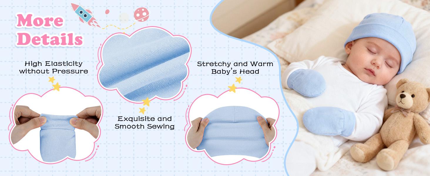 Baby Beanies for Boys Girls Newborn Infant Hat with Mittens Cute Cotton Hospital Hats for 0-6 Months