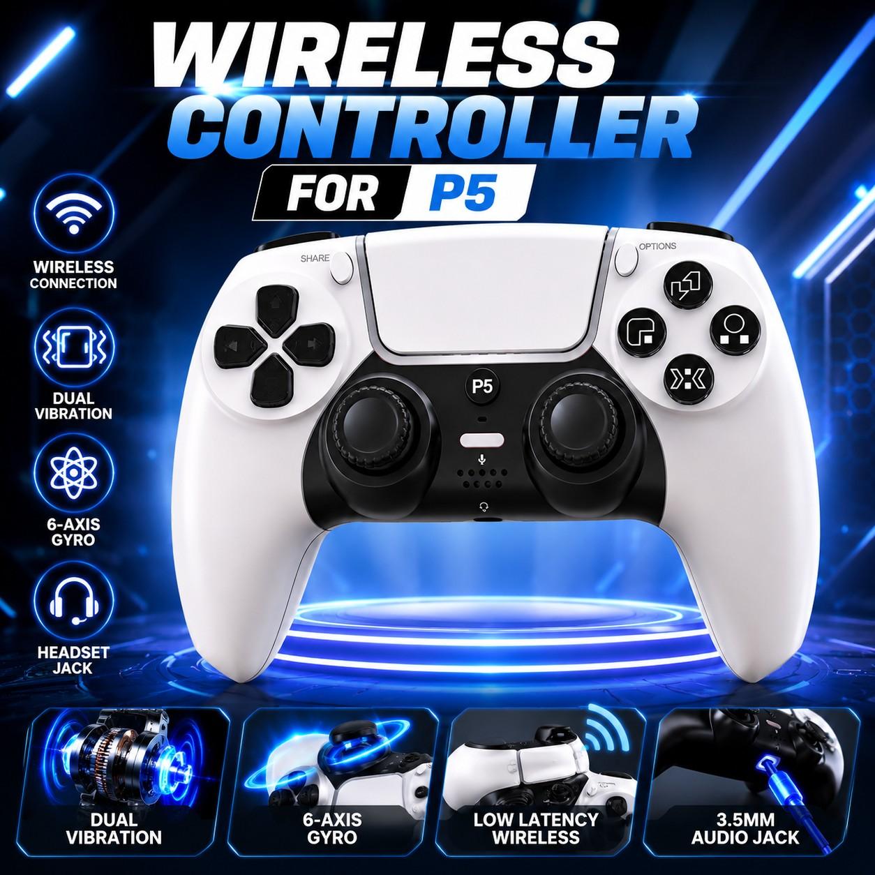 GAMINJA Wireless Controller for P5, Dual Vibration, Six-Axis Gyroscope, Adjustable Mute Switch, 3.5mm Headphone Jack, Game Controller, Wireless Game Controllers