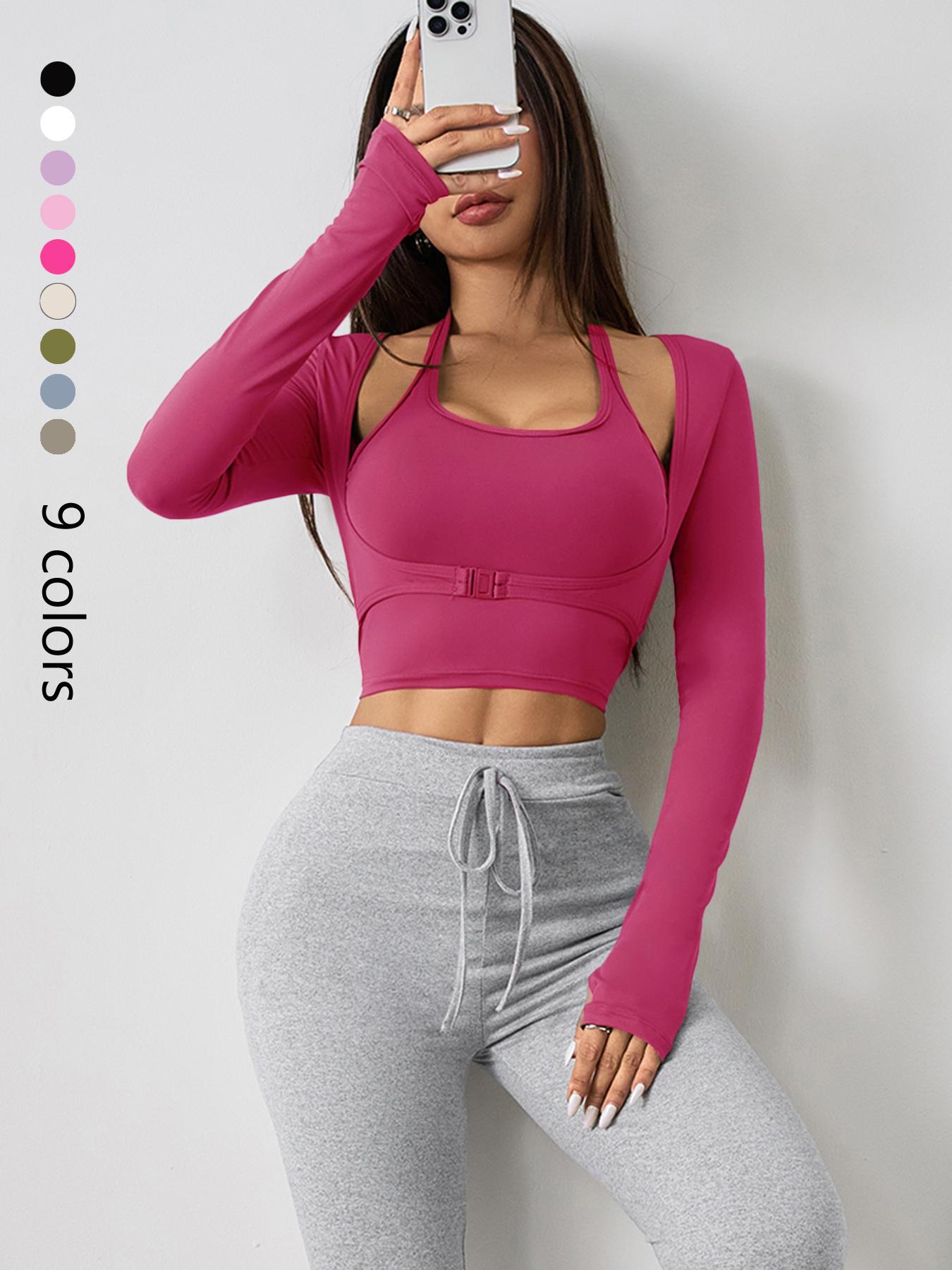 Women's Solid Color Long Sleeve Thumb Hole Design Halter Neck 2 in 1 Sports Tee Gym Yoga Tops for Yoga Gym Workout, Ladies Sportswear for All Seasons