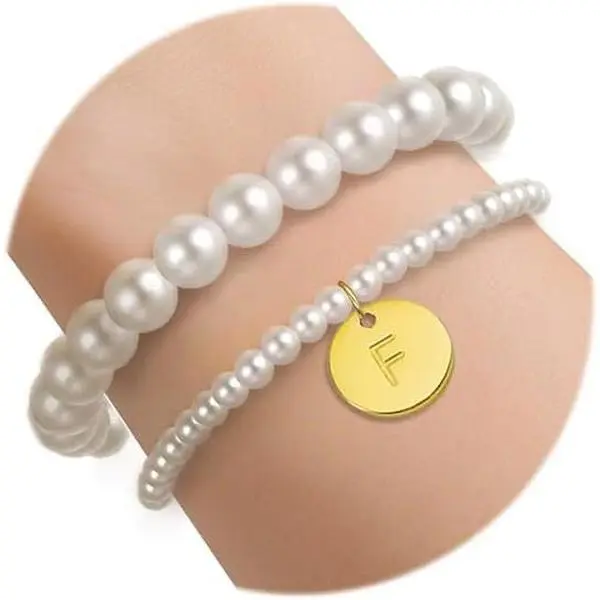 Initial Bracelet for Women Dainty Letter Beaded Glass  Bangle | Small Wrist White Faux  Bracelets Forever Infinity Bracelet  Gifts for Women Lover Bridesmaids