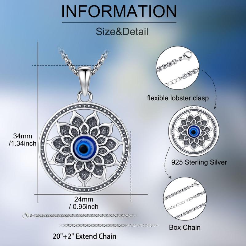 DRINSPER S925 Nazar Evil Eye Charm Necklace Lotus Design Evil Eye Pendant 925 Sterling Silver Jewelry