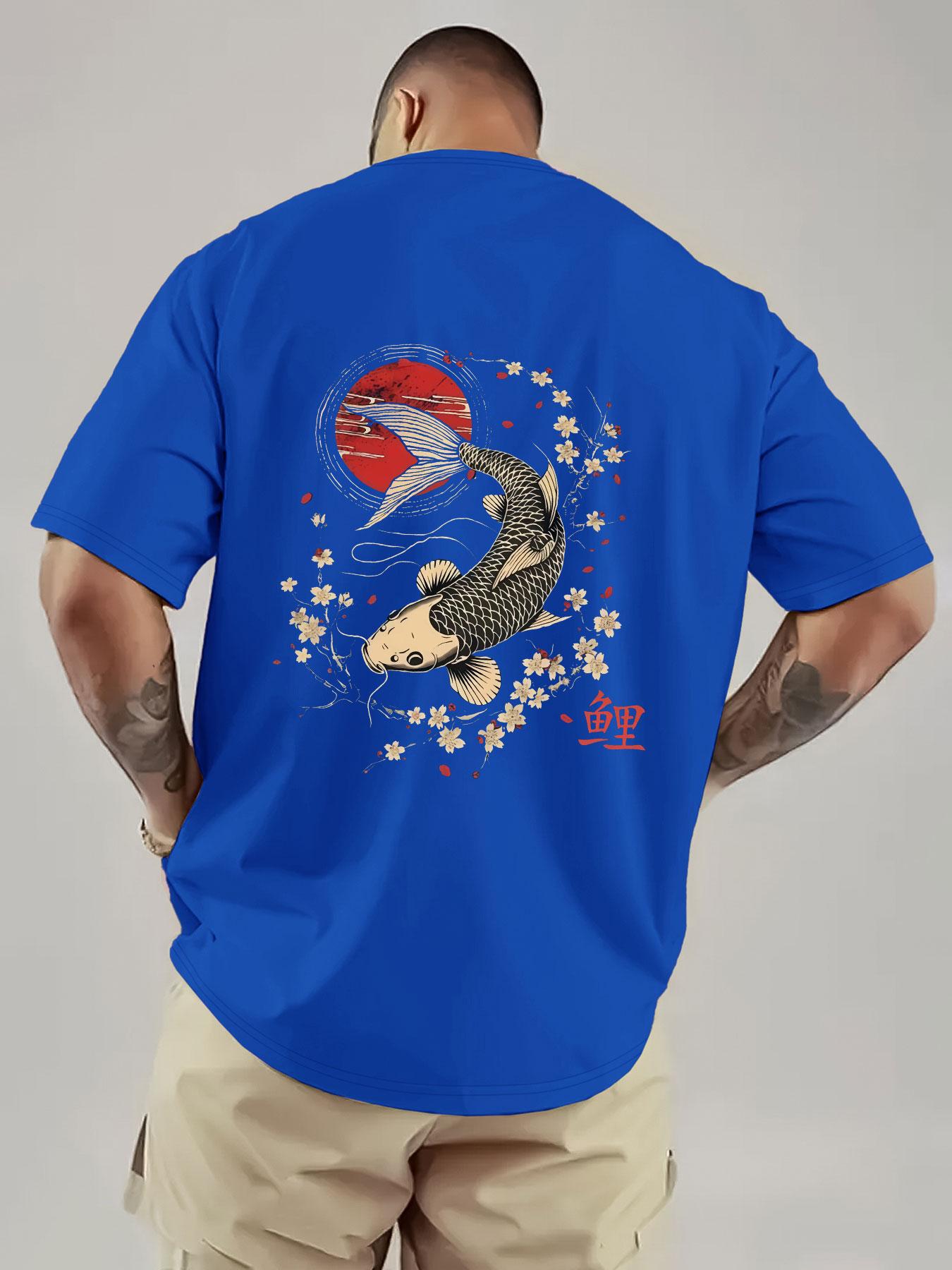 Japanese Koi and Cherry Blossom Print Men's T-Shirt, Breathable Heavyweight Short Sleeve, Streetwear for Music Festivals and Daily Wear