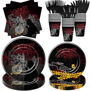 Murder Mystery Decorations Party Tableware, Escape Room Clue Game Detective Theme Murder Mystery Birthday Supplies, Paper Plates and Napkins Set, Cup, Cutlery, Serves 24