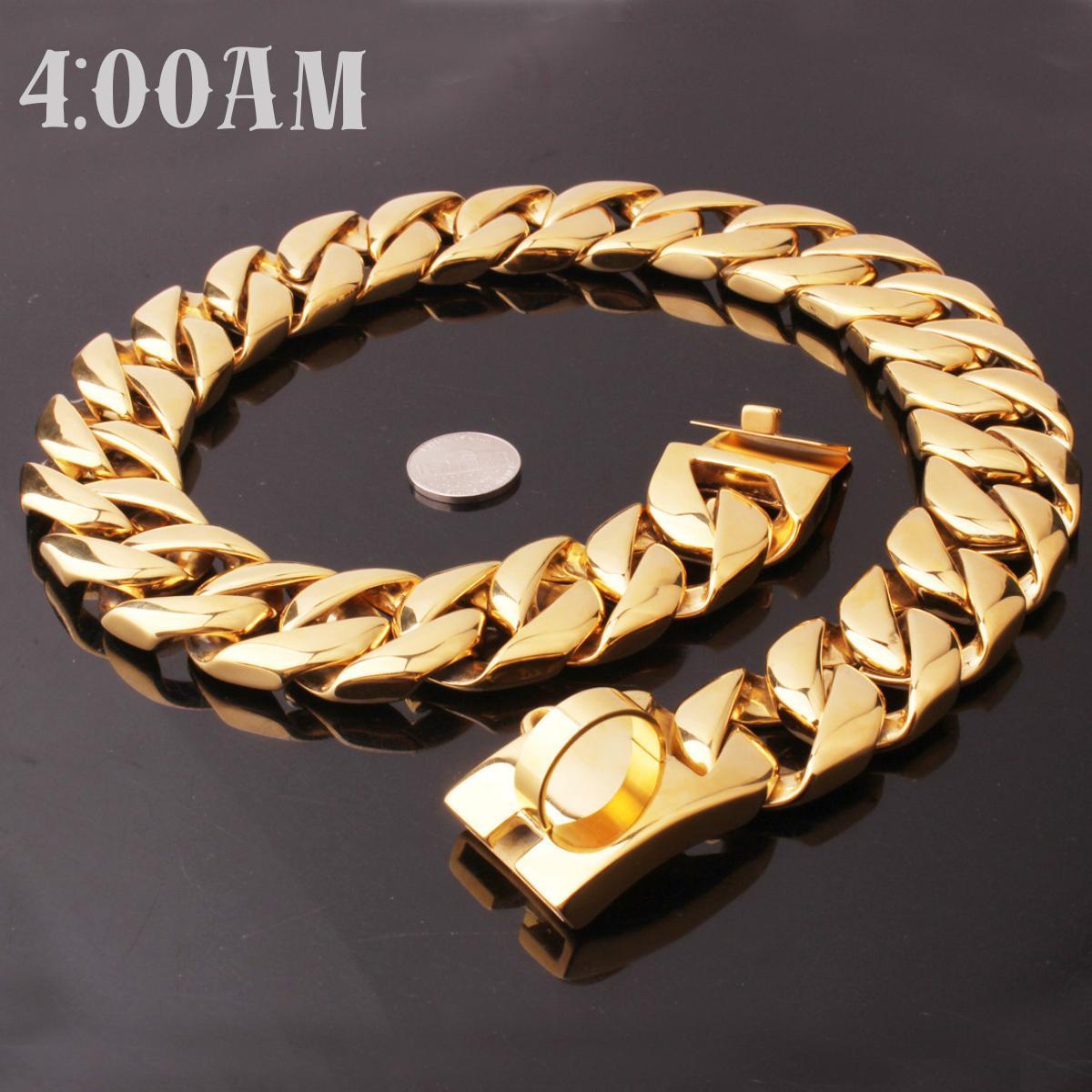 4:00AM 32mm Stainless Steel Dog Luxury Golden Dog Collars and Leashes Big dog Chain Secure Lock Necklace for Pet DIY Hip Hop Jewelry