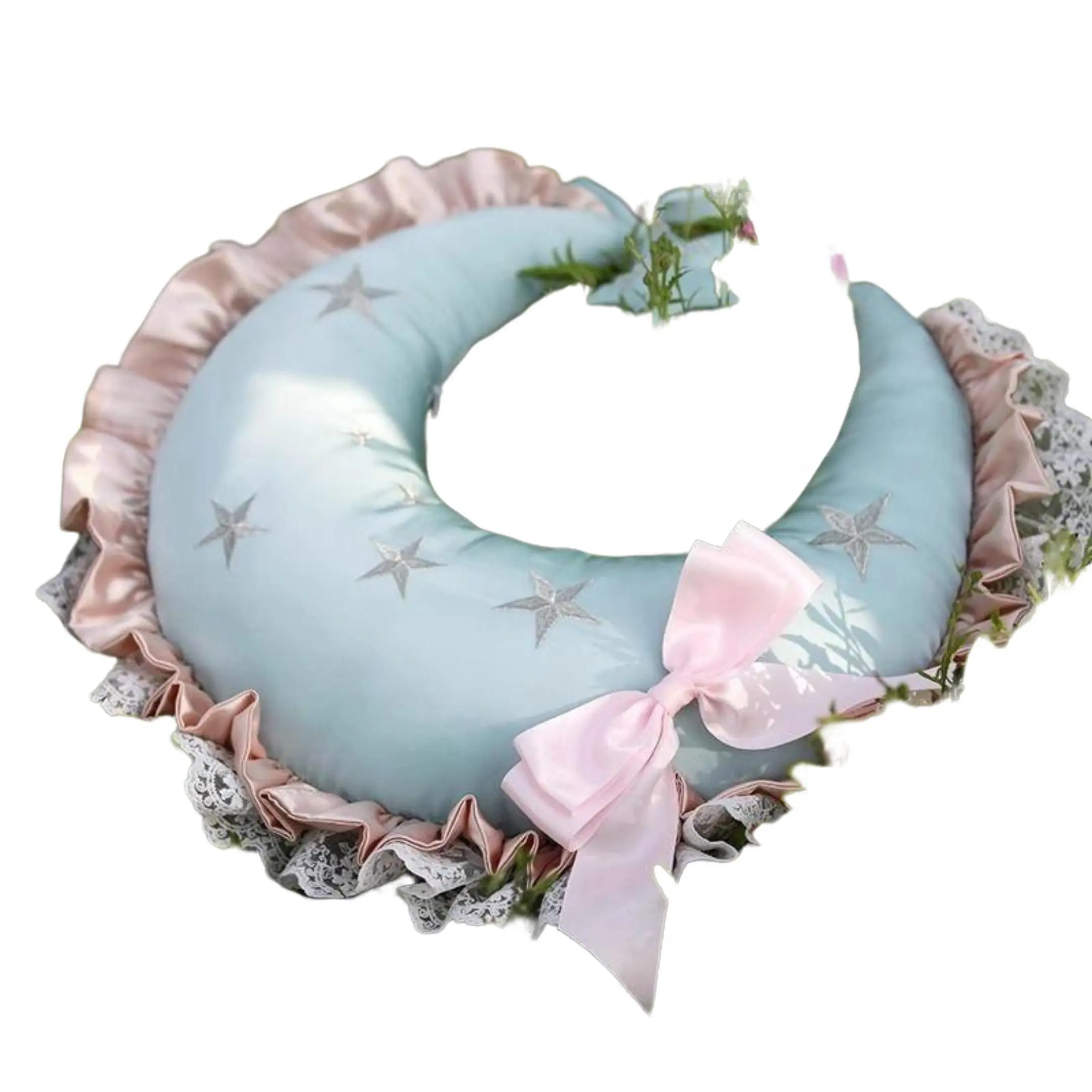 Whimsical Moon-Shaped Decorative Pillow - Cute Lolita Moon Pillow with Star Embellishments, Ruffled Trim, Home Decorative Cushion for Aesthetic Bedroom Decor #summervibes