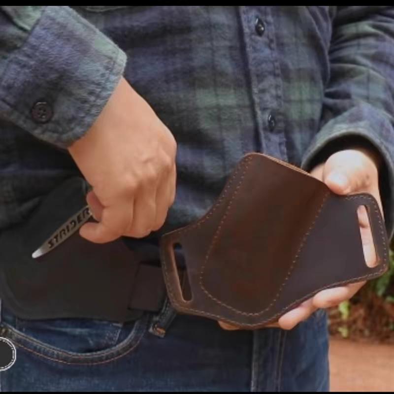 EDC outdoor travel handmade genuine leather tactical knife sheath/storage tool belt/pouch/backpack for men, foldable key gift