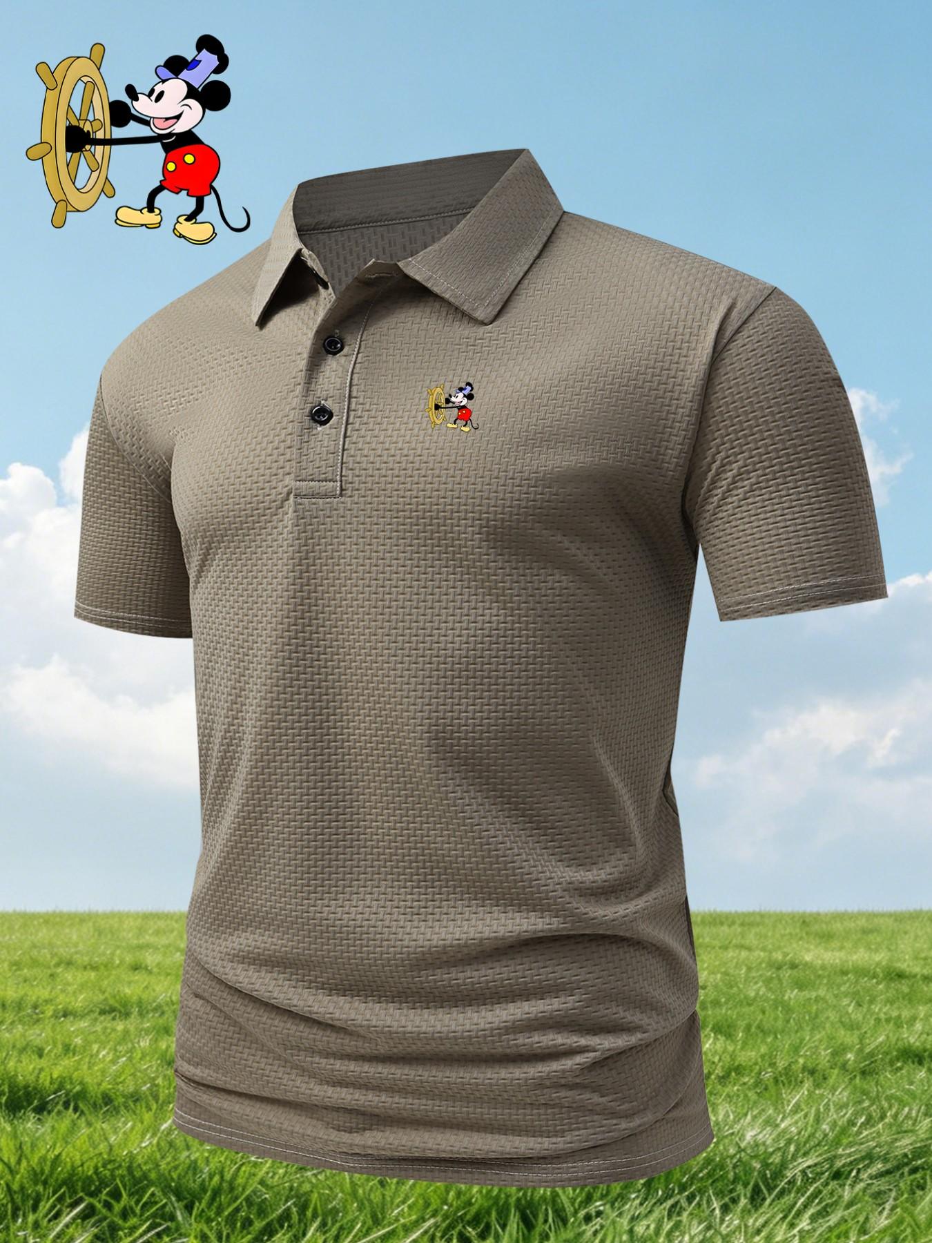 Men's Mickey Mouse Print Polo Shirt, Fitted Casual Geometric Pattern, Breathable Stretch Fabric, All-Season Comfortable Wear