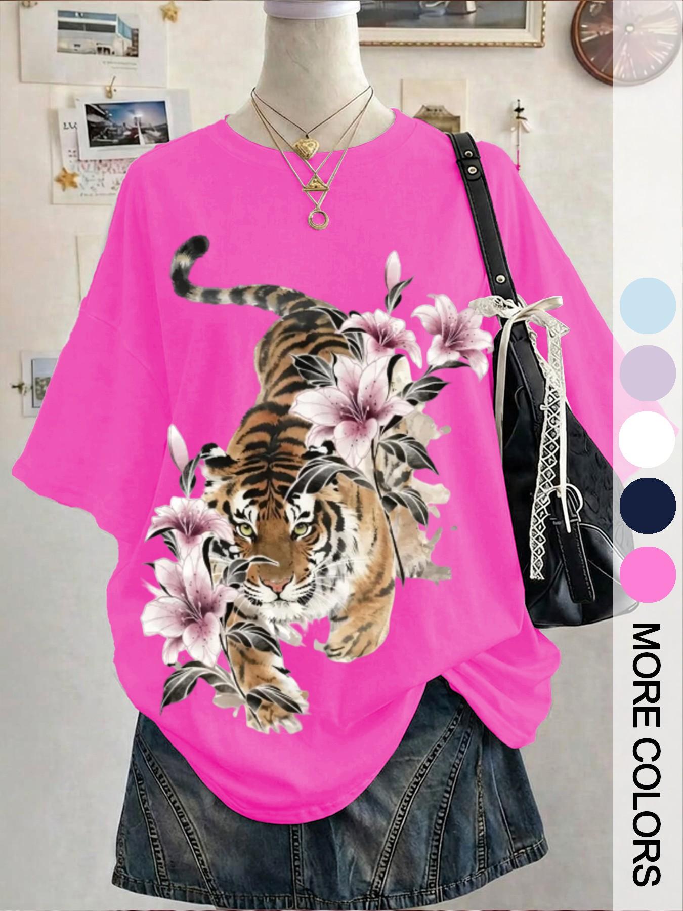 Women's Loose-Fit Tiger Lily Print T-Shirt, Summer New Style Casual Top, Oversized Comfortable Cotton Fabric, Retro National Wind Pattern