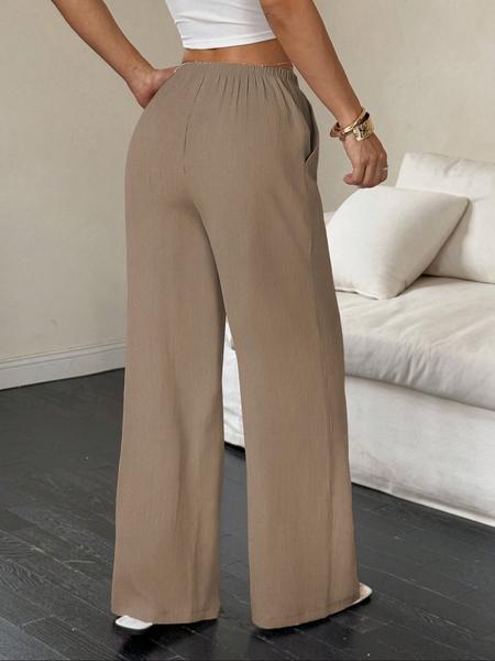 Women's Linen Wide Leg Pants, Casual Breathable Thin Weave Long Trousers, All Season Plain Pattern, Ladies Fashion Clothing