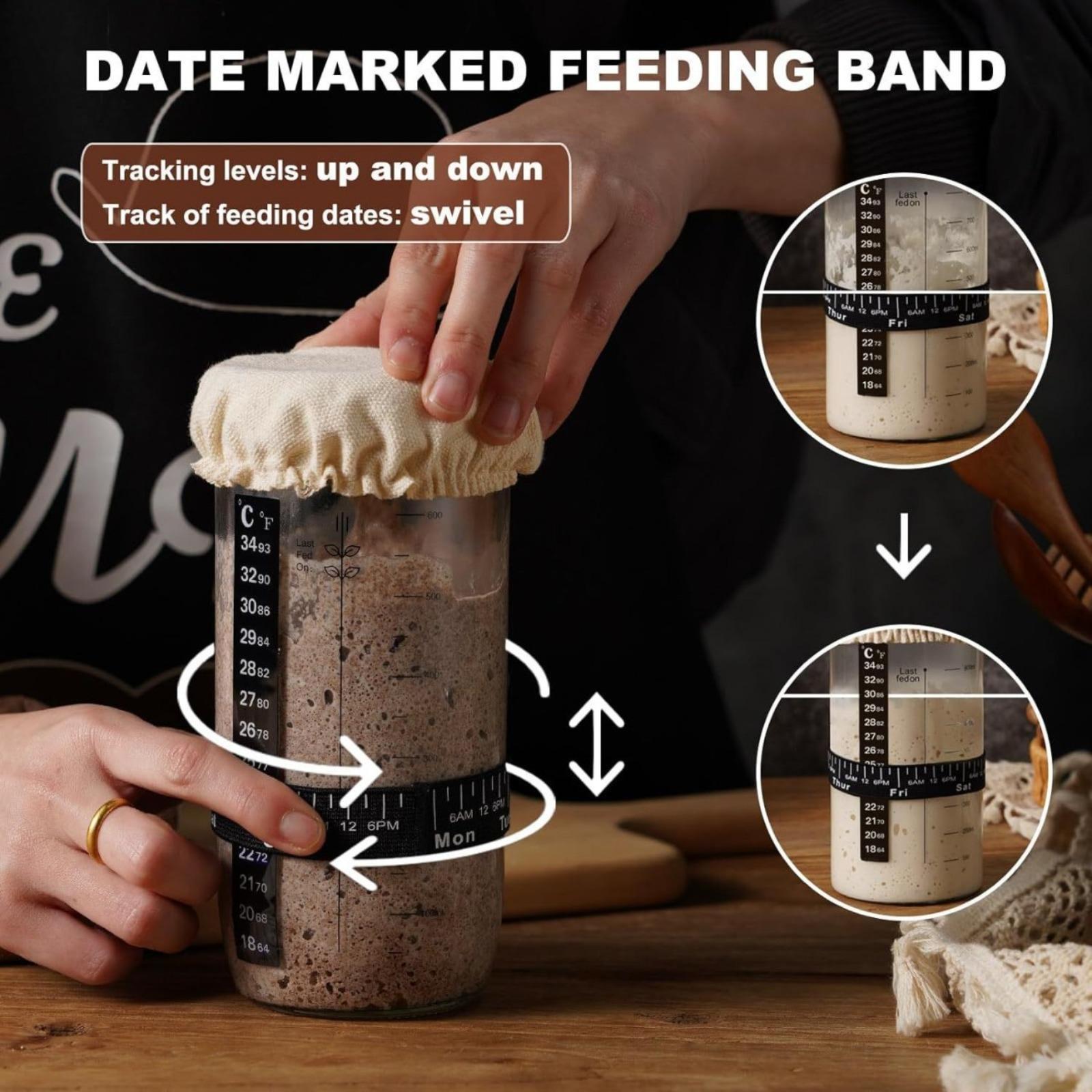 Bread fermentation jar, labeled feeding belt, thermometer, scraper, cloth cover and silicone cover/base, glass container, baking supplies