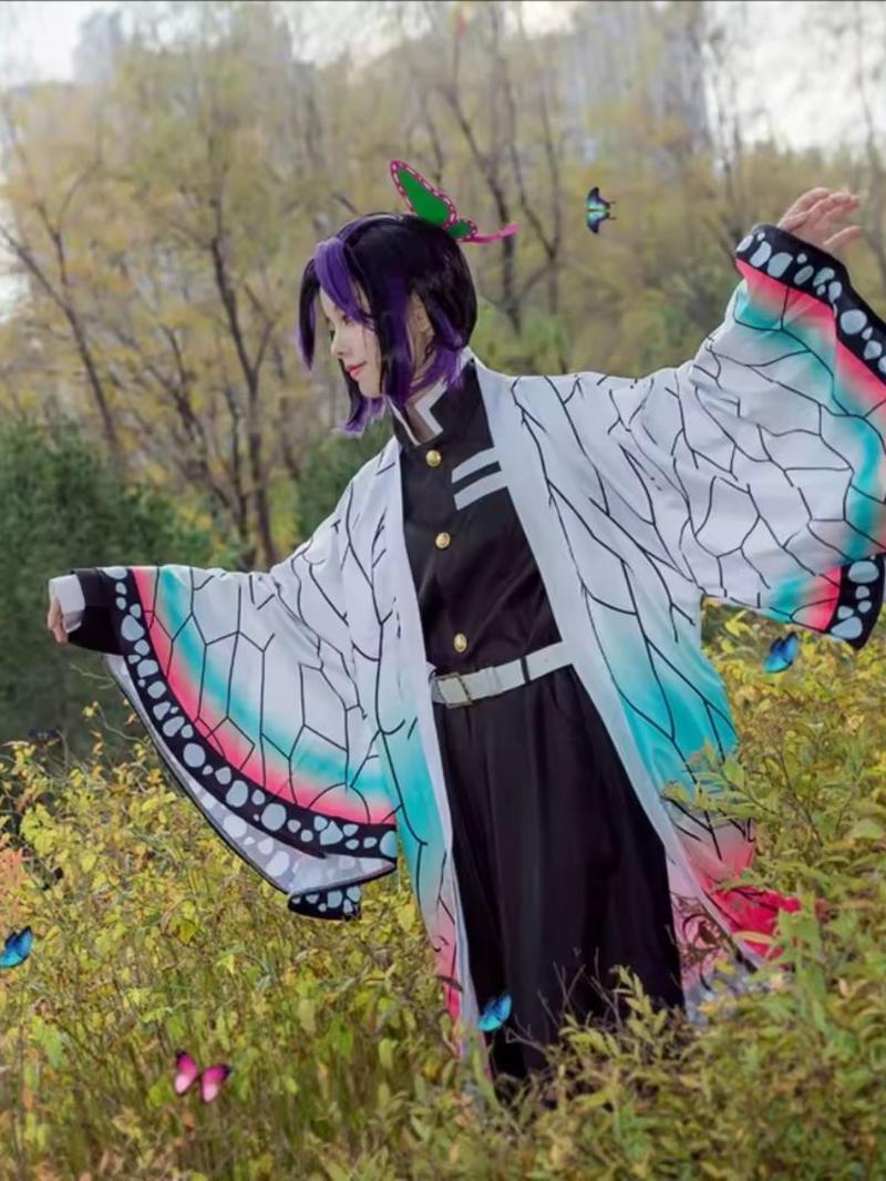 Kochou Shinobu Cosplay Costume for Adults, Demon Slayer Role Play, Halloween Carnival Clothing, Slim-Fitting Geometric Pattern