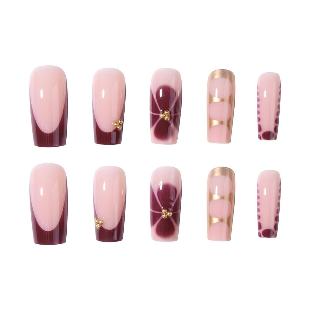 24pcs Transparent Nude Foundation Color Nail Art Set, Gold French Edge Design, Glossy Finish, Long Trapezoidal Shape, Versatile for All Occasions