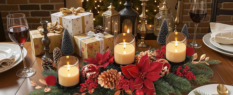 36 Inch Christmas Table Centerpiece with 3 Candle Holders, Baubles, Pine Cones, Red Berries & Spruce Branches – Indoor Holiday Decor