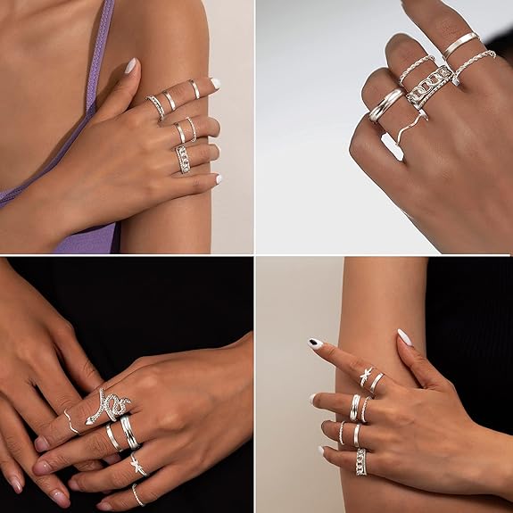 58 PCS Vintage Knuckle Ring Set for Women Bohemian Stackable Joint Finger Rings Stacking Butterfly Snake Hollow Carved Crystal Midi Silver/Gold Rings Pack for Gift