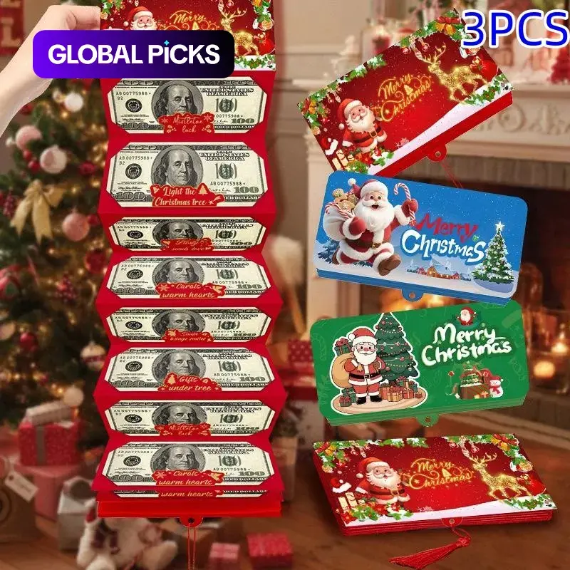 3pcs Christmas Santa Money Envelopes with Gift Card Holder & Tassel, Foldable Cash Holder Cards for Xmas, Christmas Greeting Cards