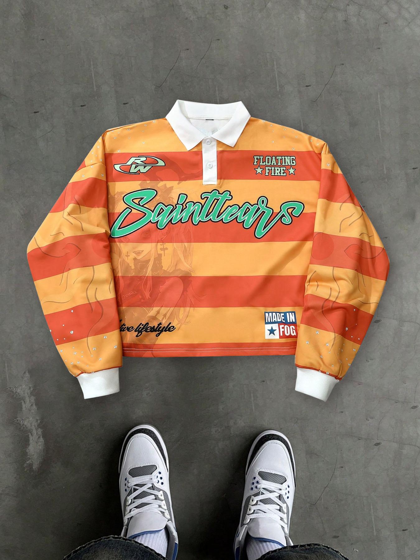 Men's Graphic & Letter Print Loose Fit Granddad Collar Polo Shirts, Sports Preppy Stylish Top For All Seasons, Men's Fall Outfits For Outdoors