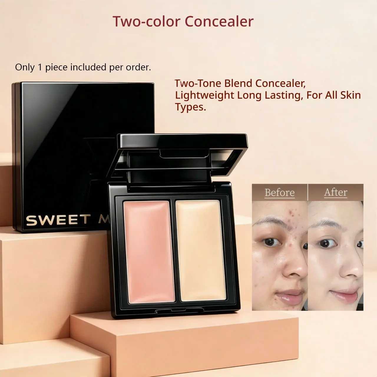Sweet Mint Dual Tone Concealer, Adjustable High Coverage, Moisturizing, Covers Dark Circles, Blemishes, Brightening, Long-Lasting, Waterproof, Portable