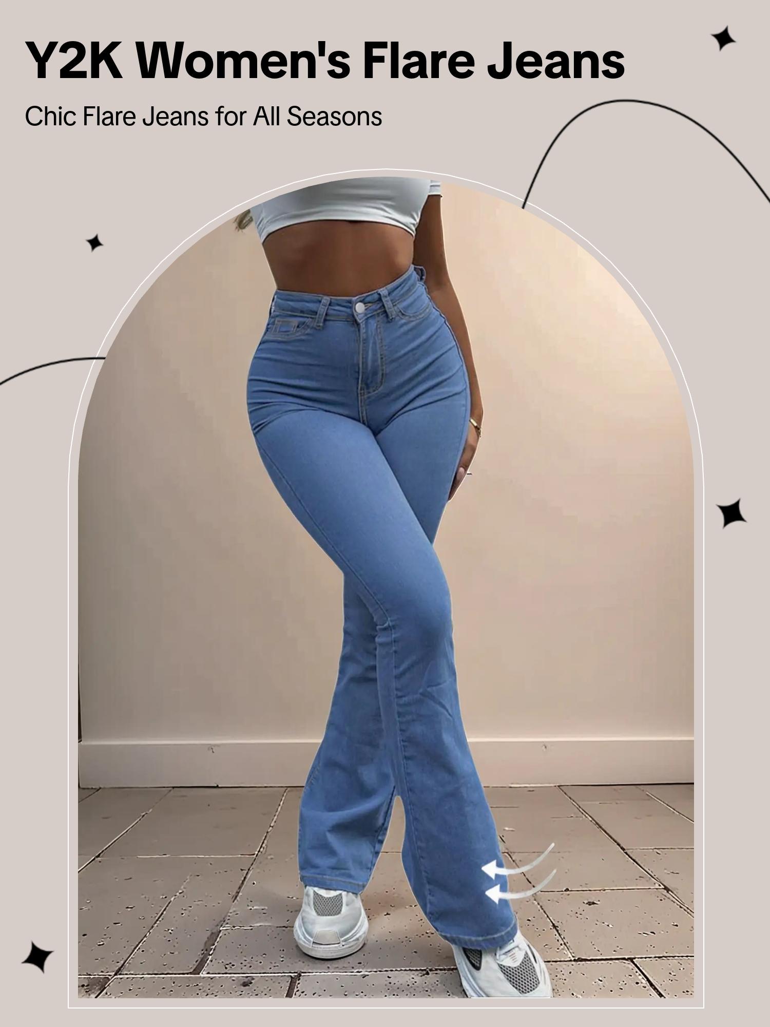 GILIPUR Y2K Women's Plain Flare Leg Jeans, Casual Button Fly Pocket Bell Bottom Denim for Daily Wear, Ladies Bottoms for All Seasons