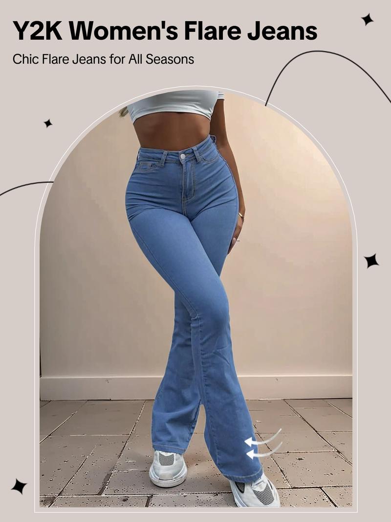 GILIPUR Y2K Women's Plain Flare Leg Jeans, Casual Button Fly Pocket Bell Bottom Denim for Daily Wear, Ladies Bottoms for All Seasons