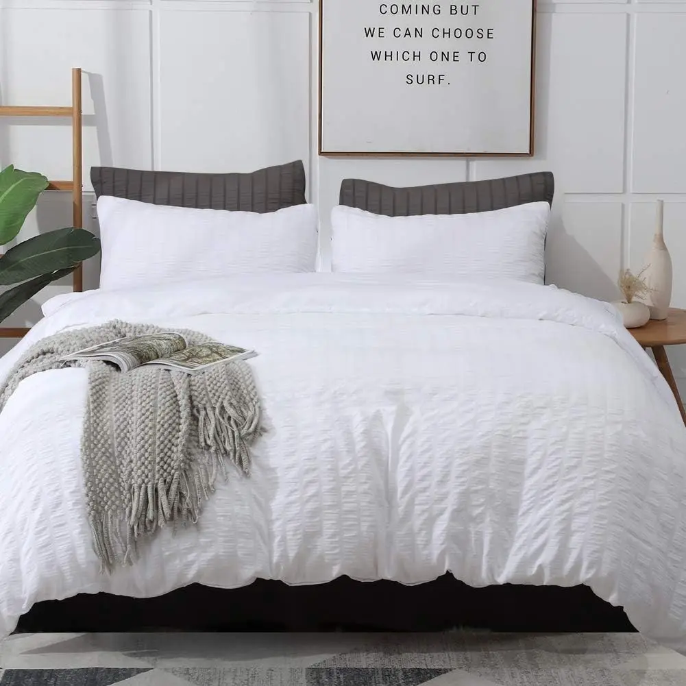 White Duvet Cover Queen Size, Textured Seersucker Duvet Cover Set, Soft Washed Microfiber with Zipper Closure and Corner Ties, 3 Pieces, 90" x 90" Duvet Cover & 2 Pillowcases