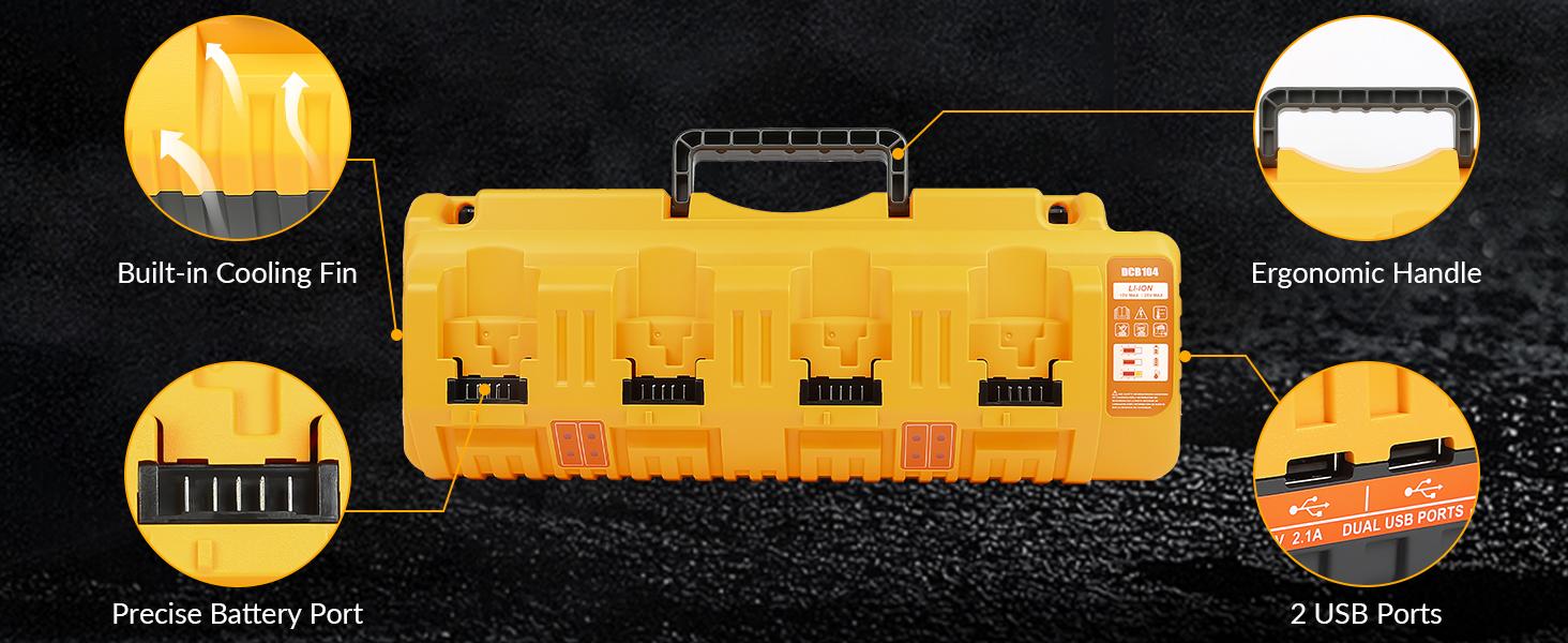 Amityke DCB104 Replacement for Dewalt Multi-Battery Charger Station 4-Port Efficient Charging 12V 20V Batteries Dual USB Ports LED Indicator Portable Power Tool Accessories