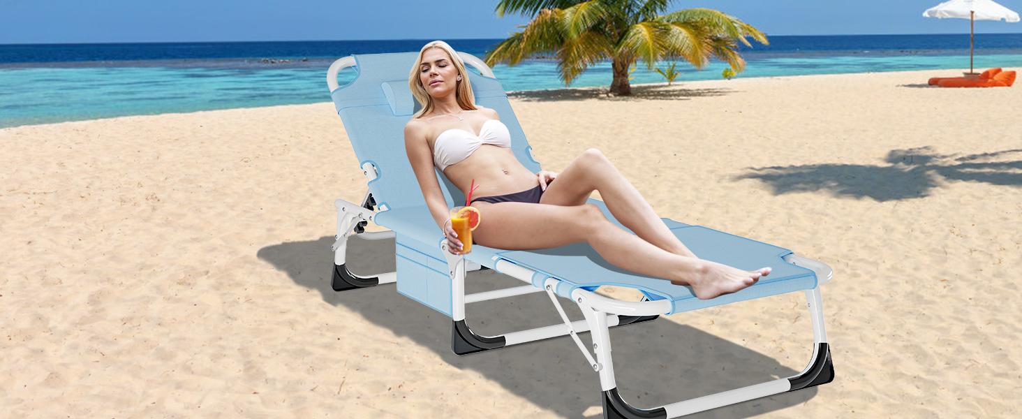 Lilypelle Sun Tanning Chair, Adjustable 5-Position Folding Beach Lounger with Face Arm Hole, Removable Cushion & Pillow, Side Pocket, Carry Handle, Outside Sunbathing Lounge Chair for Patio, Poolside, Lawn