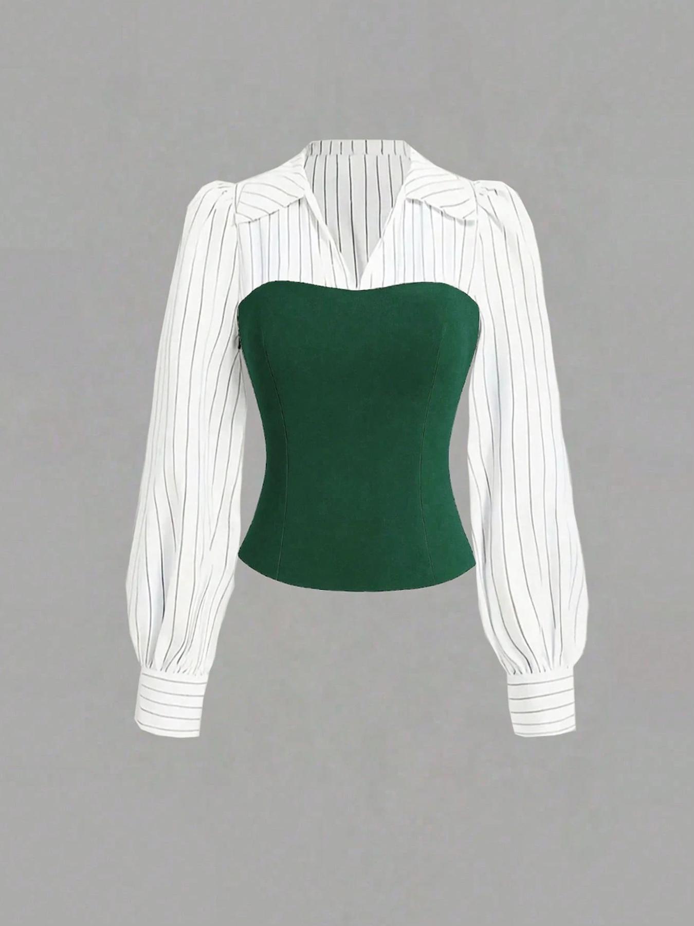 Women's Long Sleeve Colorblock Patchwork Shirt Set, Slimming Waist Design, Straight Leg Pants, Casual Fashion, 2 Piece Set