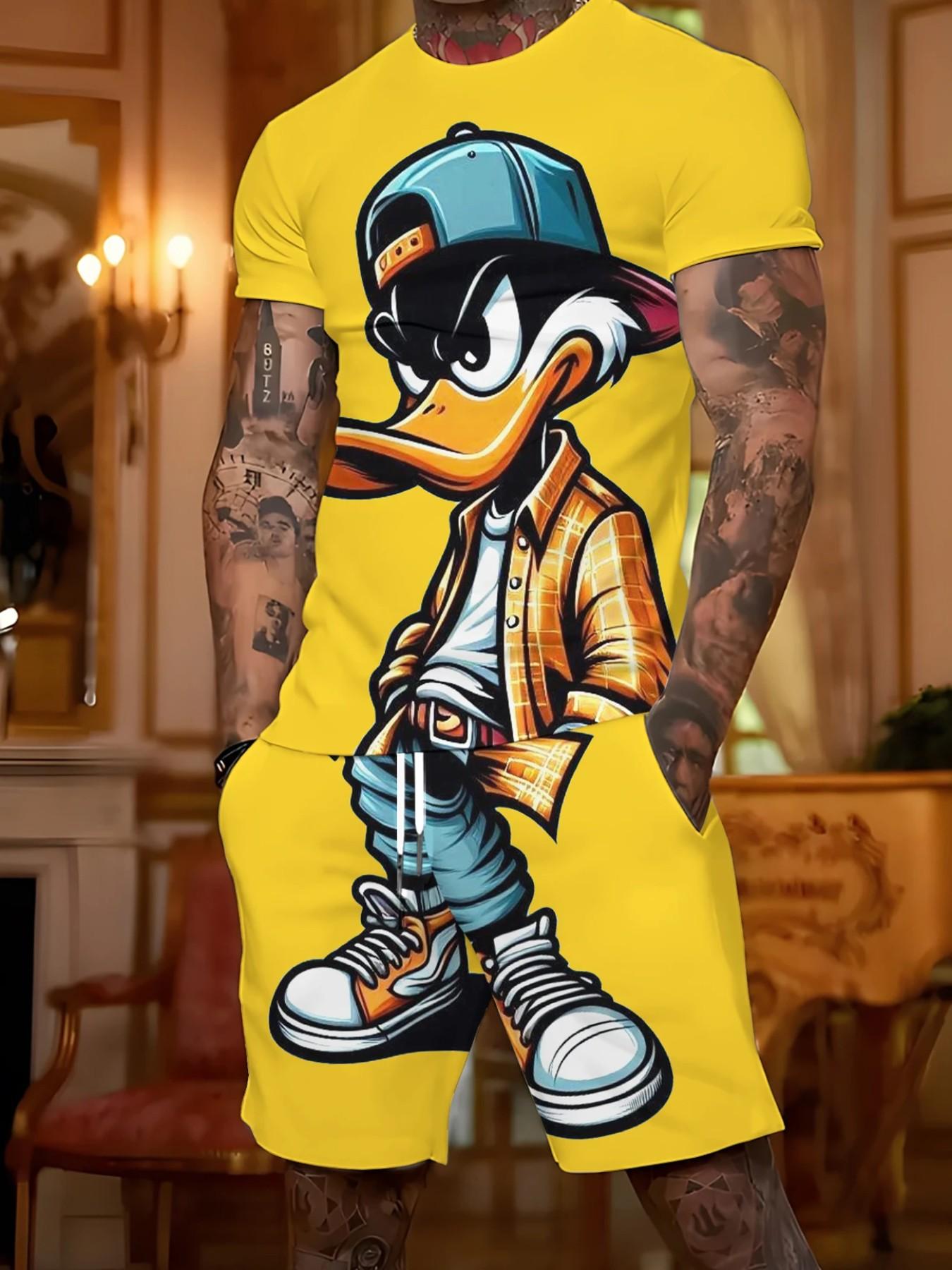 Men's Y2K Style 3D Duck Print Sports Set, Casual Short Sleeve Top and Shorts, Perfect Gift for Men, Daily Outdoor Wear