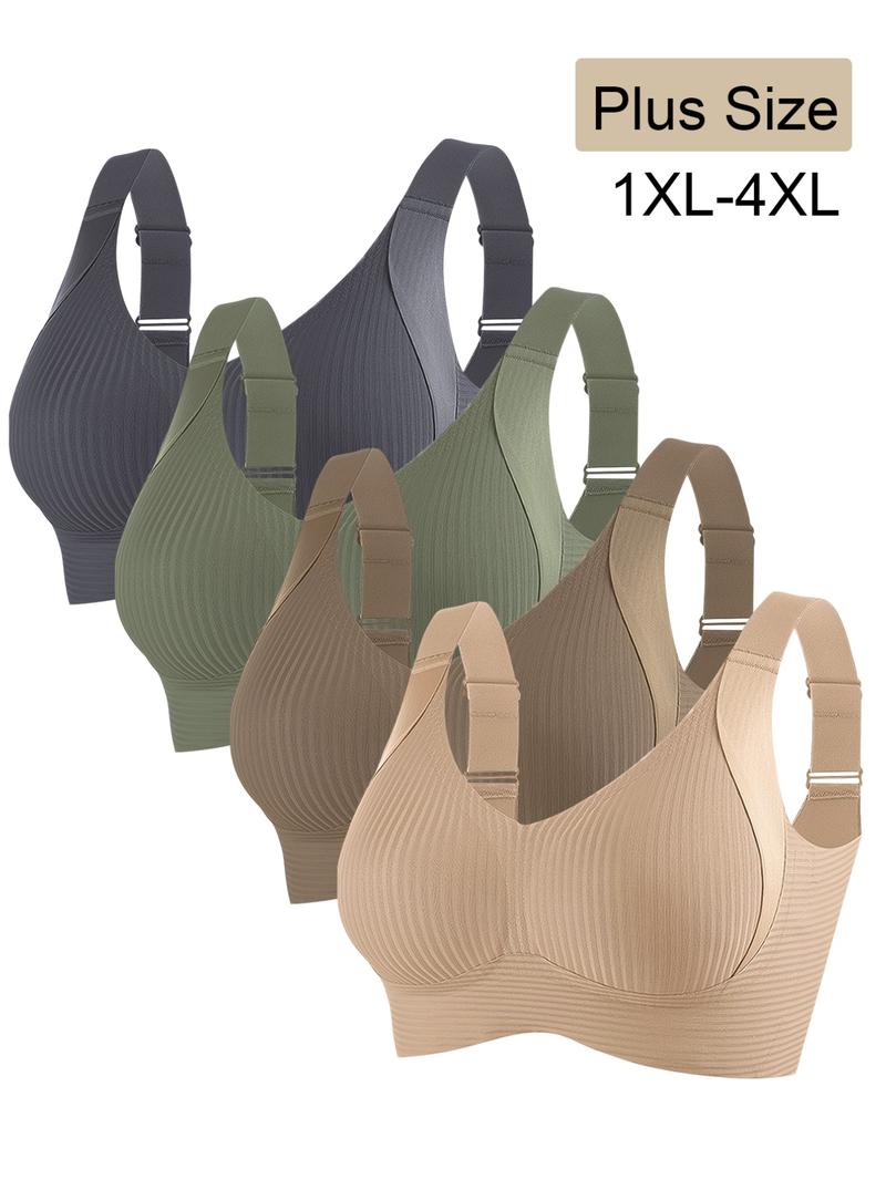 4 Pack Plus Size No Underwire Bras, Wireless Tank Bra, Soft Medium Support Wide Shoulder Straps, Casual Daily Comfort, Plain Pattern, Lined