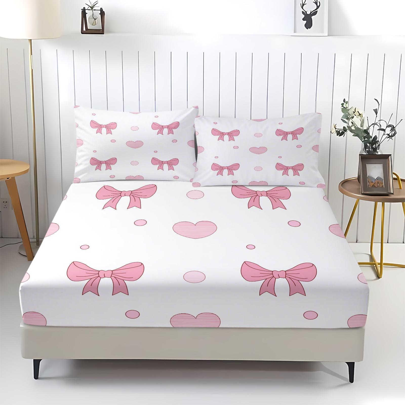 Pink bow bed sheet with comfortable printed pattern, including 1 bed sheet and 2 pillowcases, comfortable bedding, anti slip dust cover suitable for bedrooms and guest rooms, suitable for adult bedroom and guest room decoration gifts, Bed Sheets Set