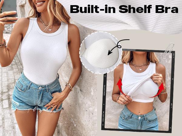 ChicMe Built-in Bra Tank Top Ribbed Racerback Tops Women Going Out Tops Everyday Basic Tanks Padded Tops